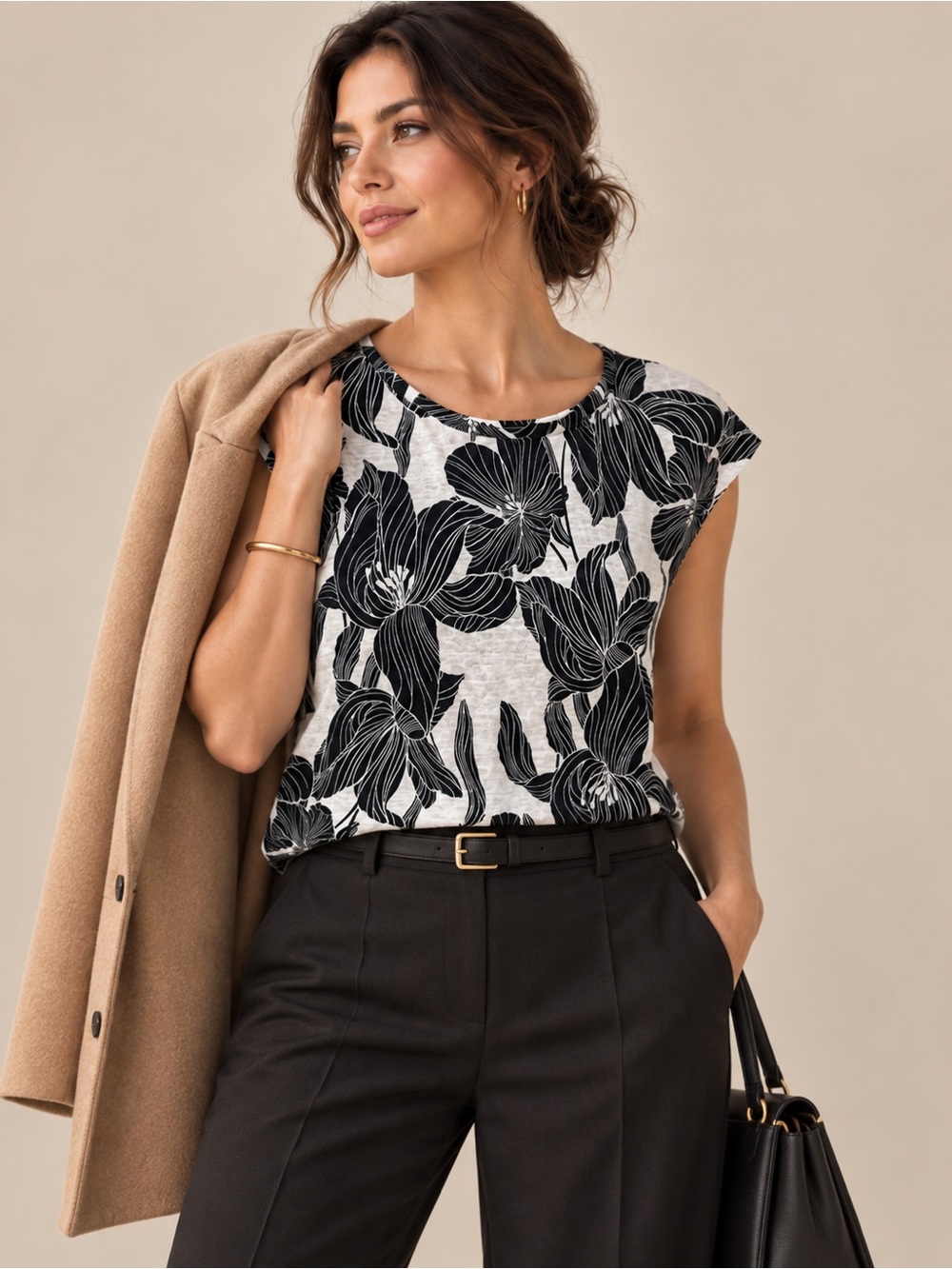 Tahari 100% Linen Black White Floral Button Back Top Blouse Size S
